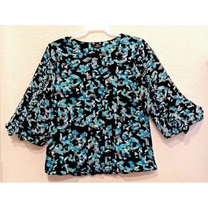 Alfani Women's Geometric Pullover Blouse Scoop Neck 3/4 Ruffle Sleeves Size XL